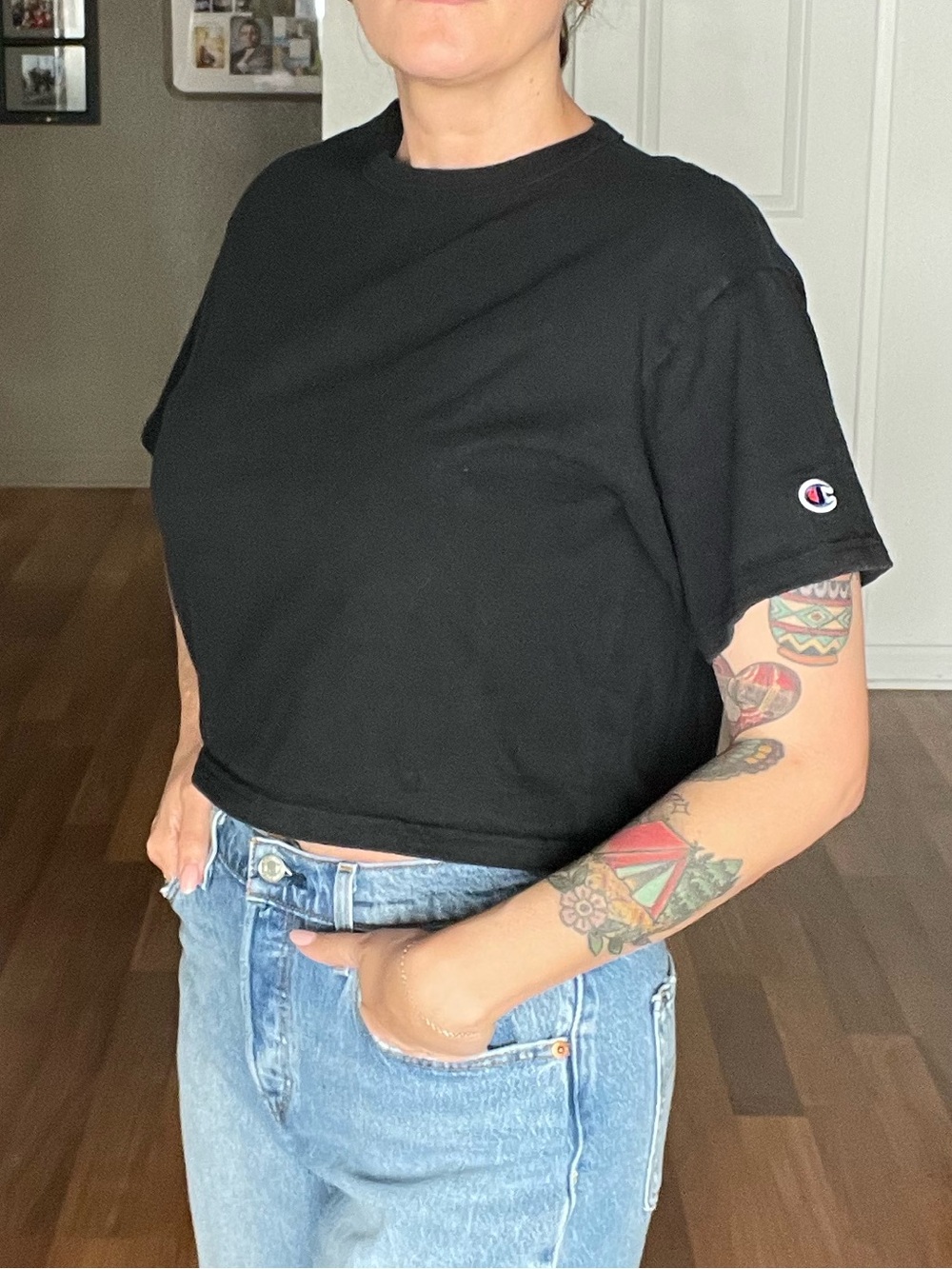 Champion Black Women's Cropped Tee with Sleeve Logo